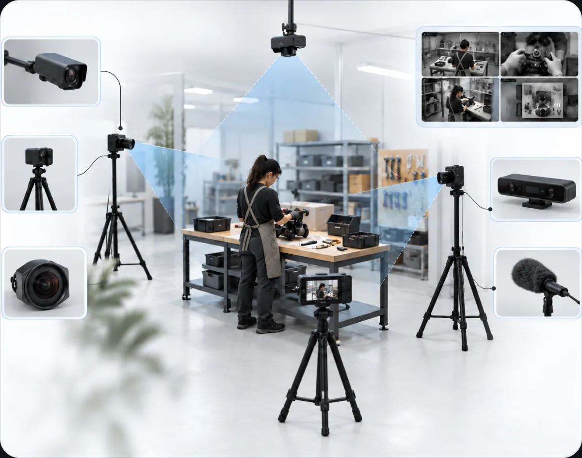 Fixed, tripod-mounted and overhead cameras arranged around a workbench
