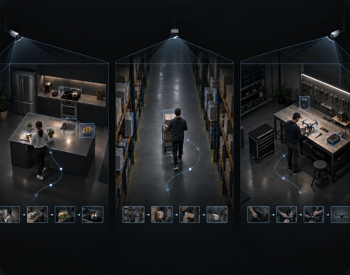 External cameras tracking people as they move through a kitchen, warehouse and workshop